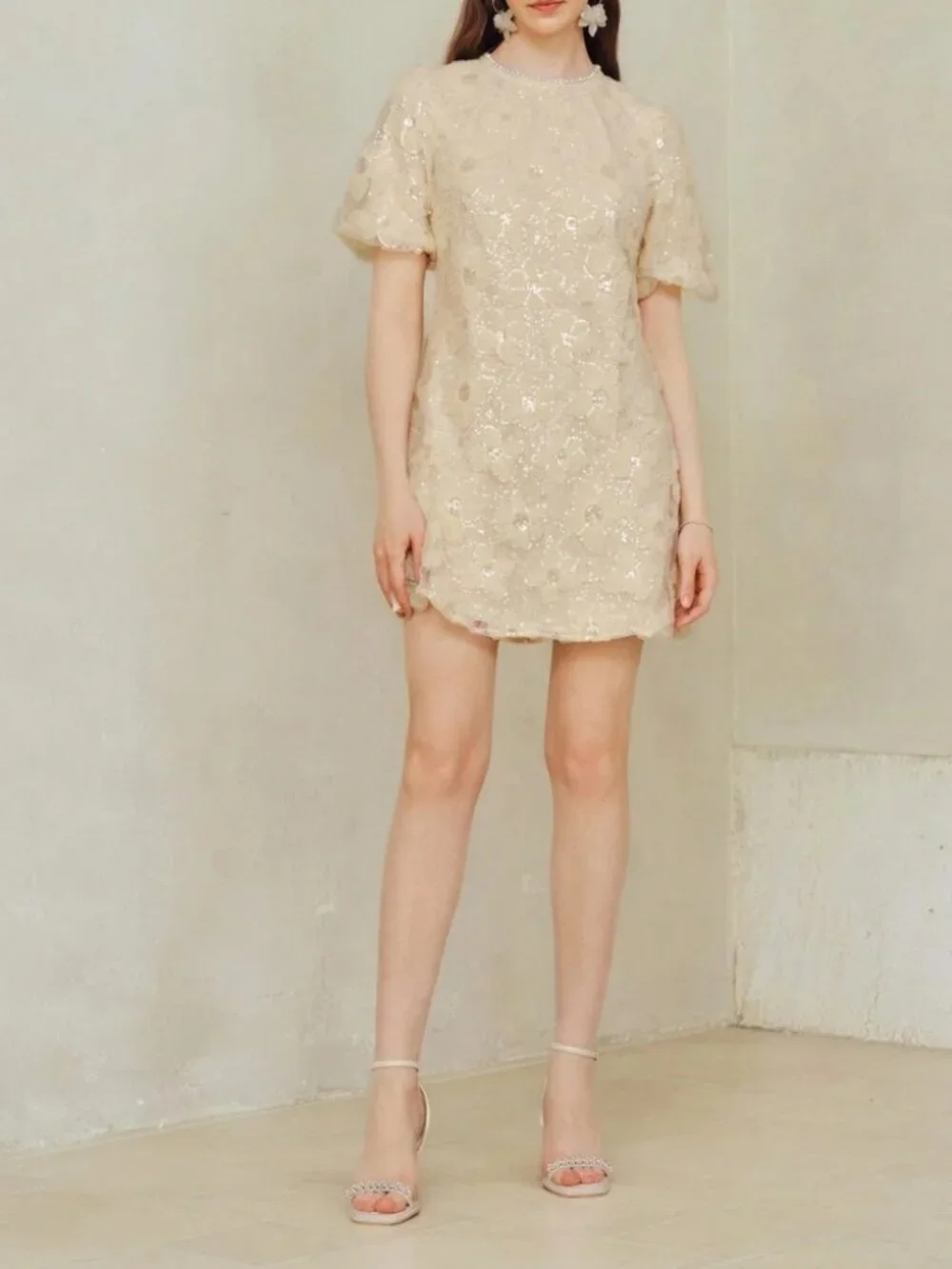 Cream Sequin Floral Applique Mini Dress with Puff Sleeves